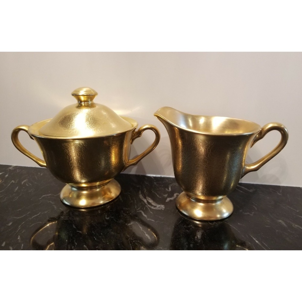 Vintage Pickard Sugar Bowl & Creamer Gold #595 Rose & Daisy
